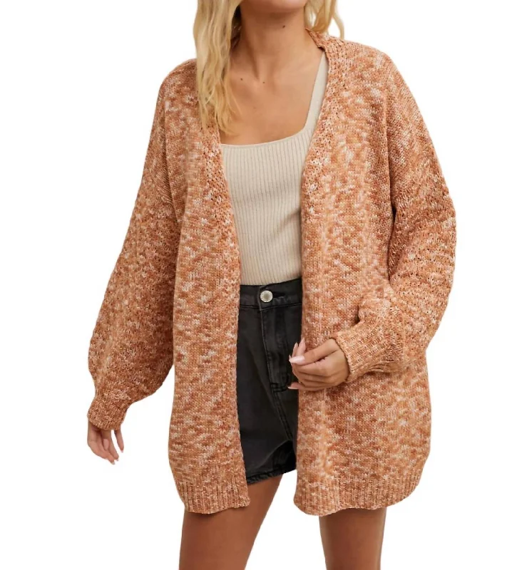 Long Sleeve Sweater Cardigan In Heathered Camel