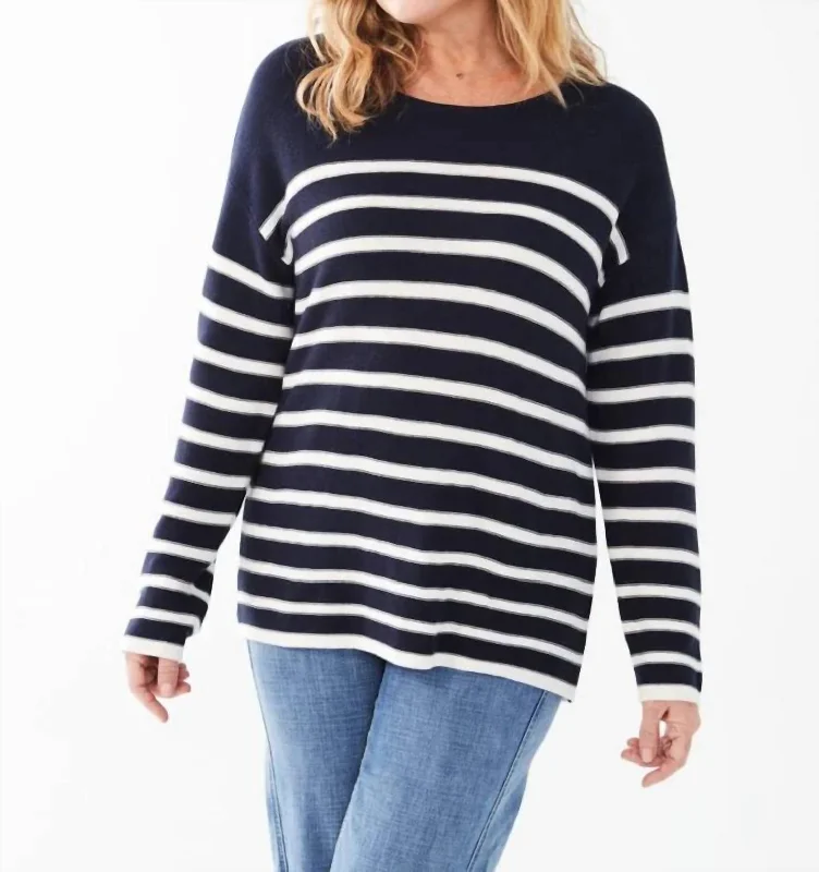 Long Sleeve Striped Sweater In Navy Stripe