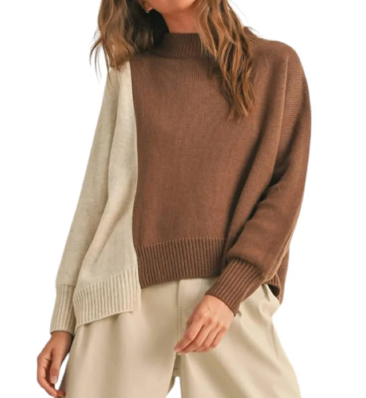 Color Block Long Sleeve Sweater Top In Oatmeal/brown