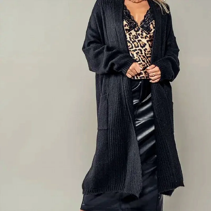 Textured Soft Ribbed Knit Long Open Cardigan With Front Pockets One Sizewith Front Pockets In Black