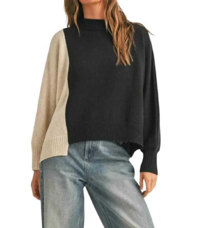 Color Block Long Sleeve Sweater Top In Oatmeal/black