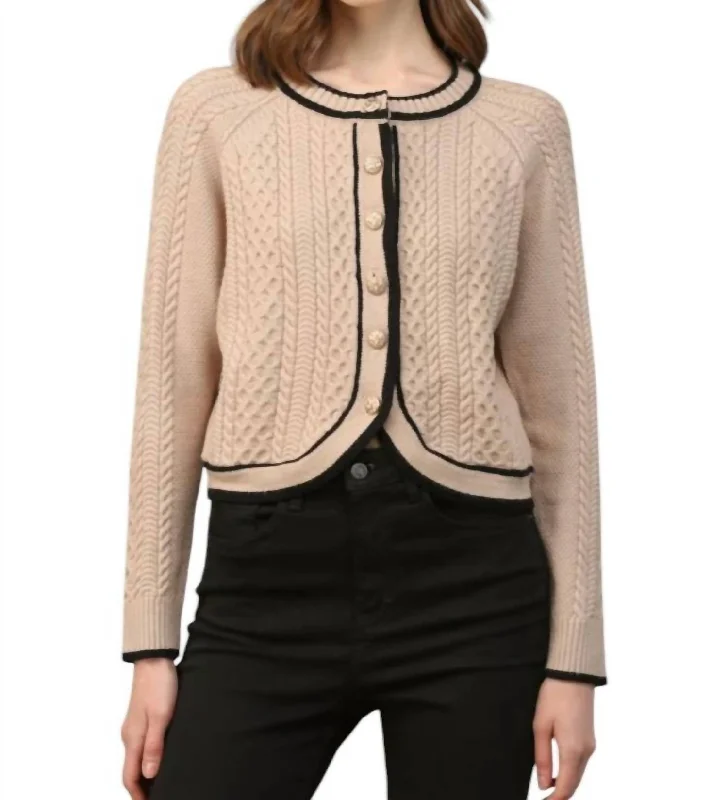 Bailey Cable Knit Cardigan With Contrast Trim In Taupe/black