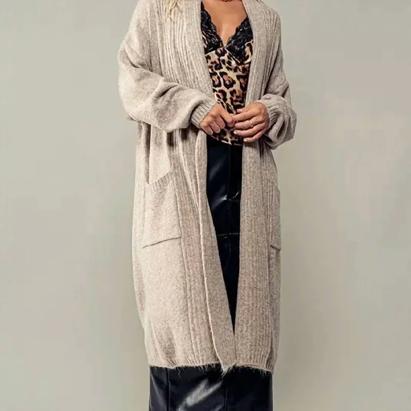 Elongated Soft Knit Open Cardigan In Beige