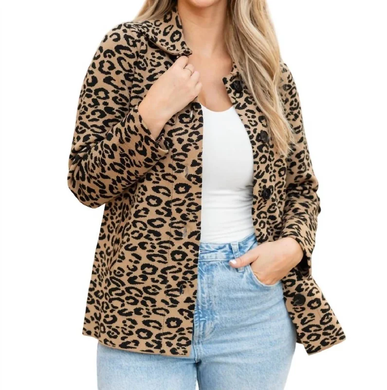 Leopard Long Sleeve Knit Jacket In Brown