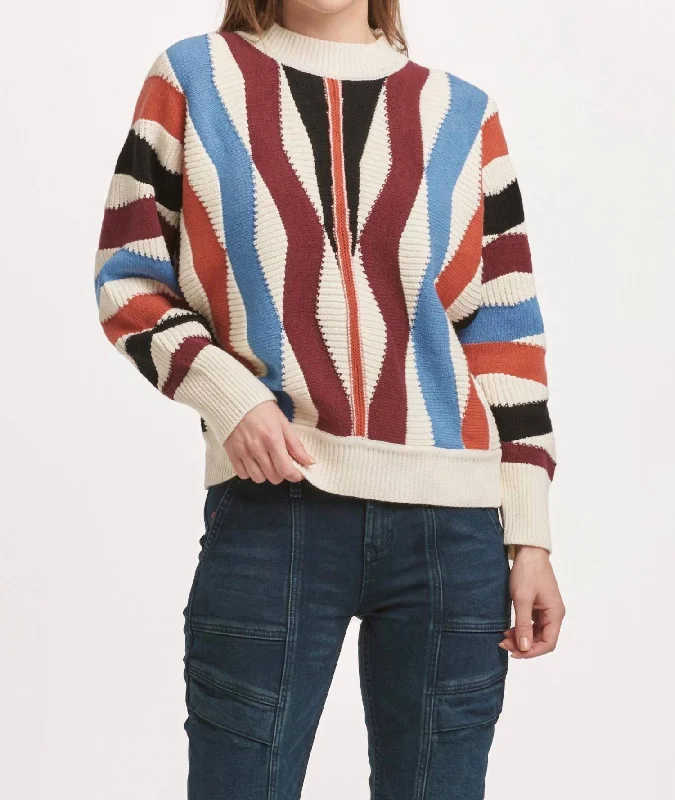 Kaylin Crew Neck Long Sleeve Sweater Zig Zag In Multi Colored