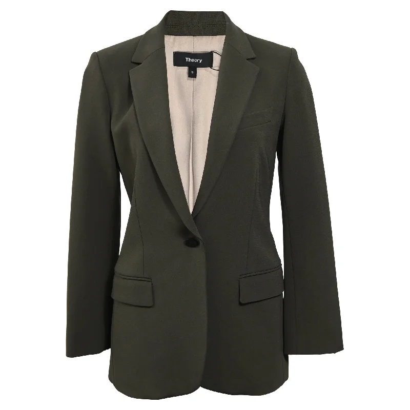 Theory Single-Breasted Blazer with Pockets in Olive Wool