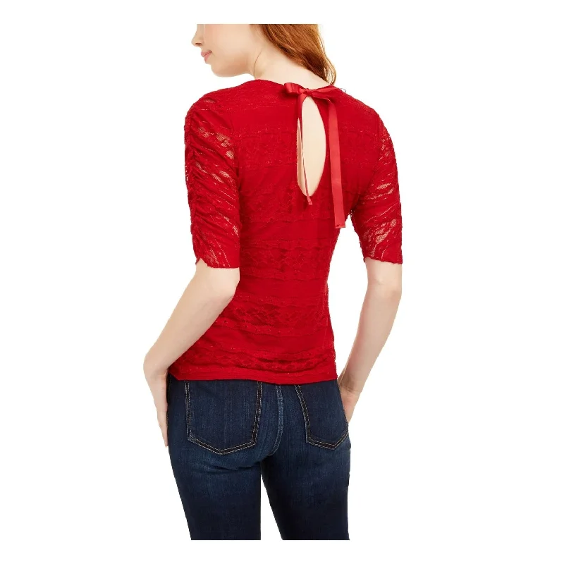 American Rag Women's Lace Tie Back Ruched-Sleeve Round Neck Blouse Red Size Medium