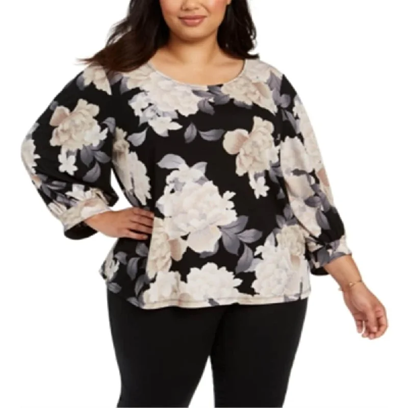 Calvin Klein Women's Long Blosson Sleeve Floral Print Blouse Black Size 2XL