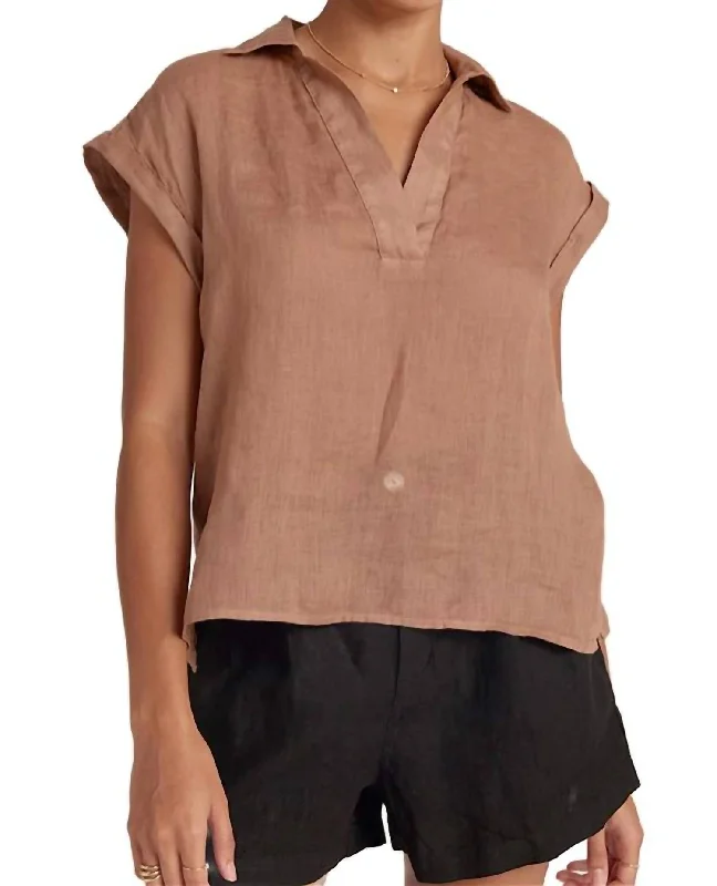 Cap Sleeve Henley Blouse In Desert Brown