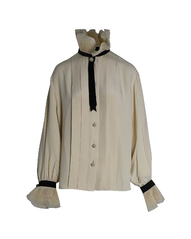 Chanel Ruffled Collar Buttoned Blouse in Cream Silk