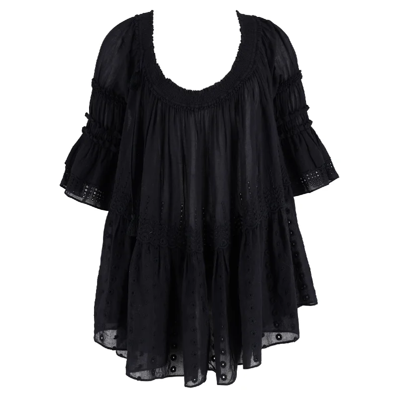 Chloé Loose Ruffle Embellished Blouse in Black Cotton