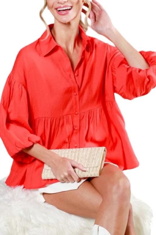 Collared Balloon Sleeve Button Down Blouse