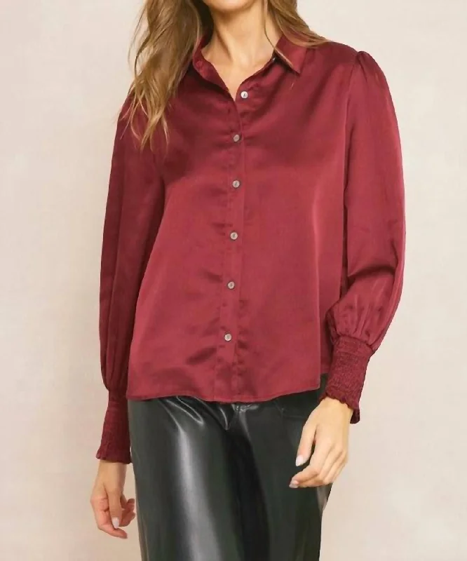 Courtney Satin Button Down Blouse In Wine