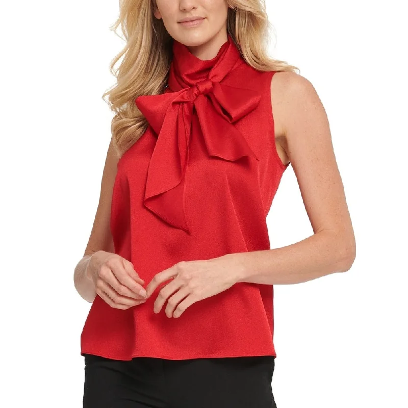 DKNY Women's Bow Mock-Neck Blouse Medium Red Size X-Small