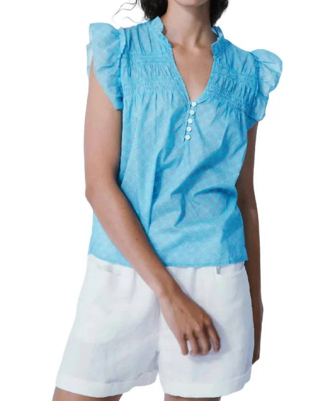 Emma Smocked Frill Blouse In Blue Gem