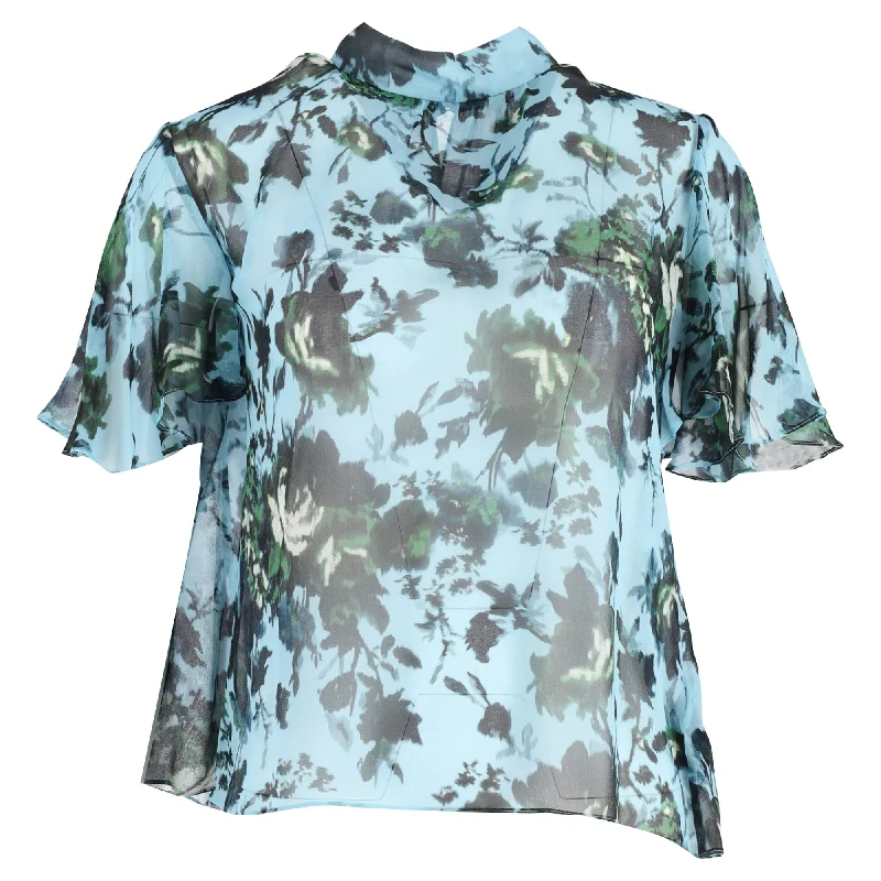 Erdem Caprice Floral-Print Georgette Blouse in Light Blue Silk