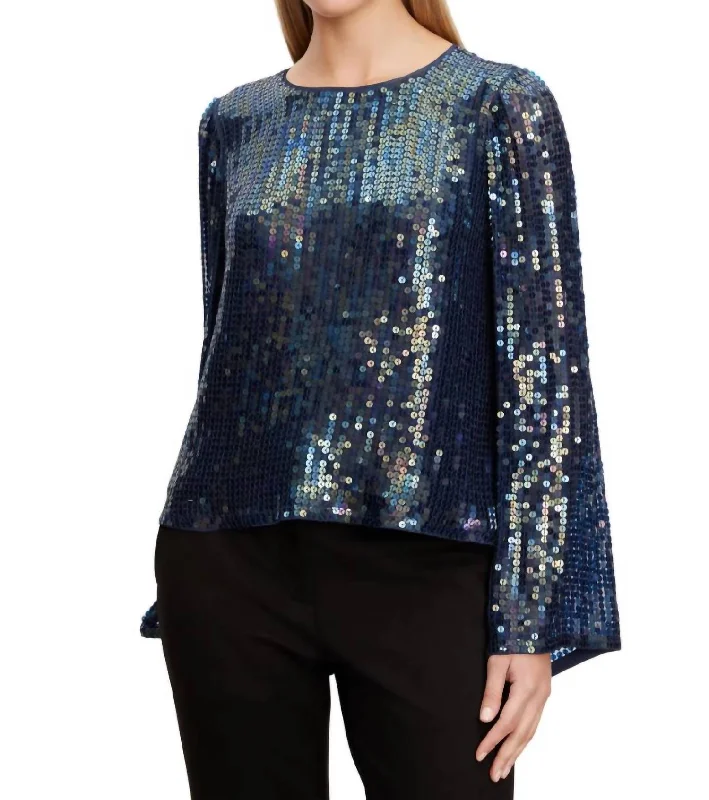 Evie Sequin Wide Neck Blouse In Baltic