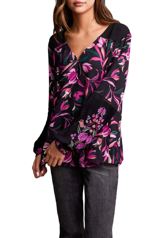 Floral Button Front Blouse With Embroidery In Deep Magenta