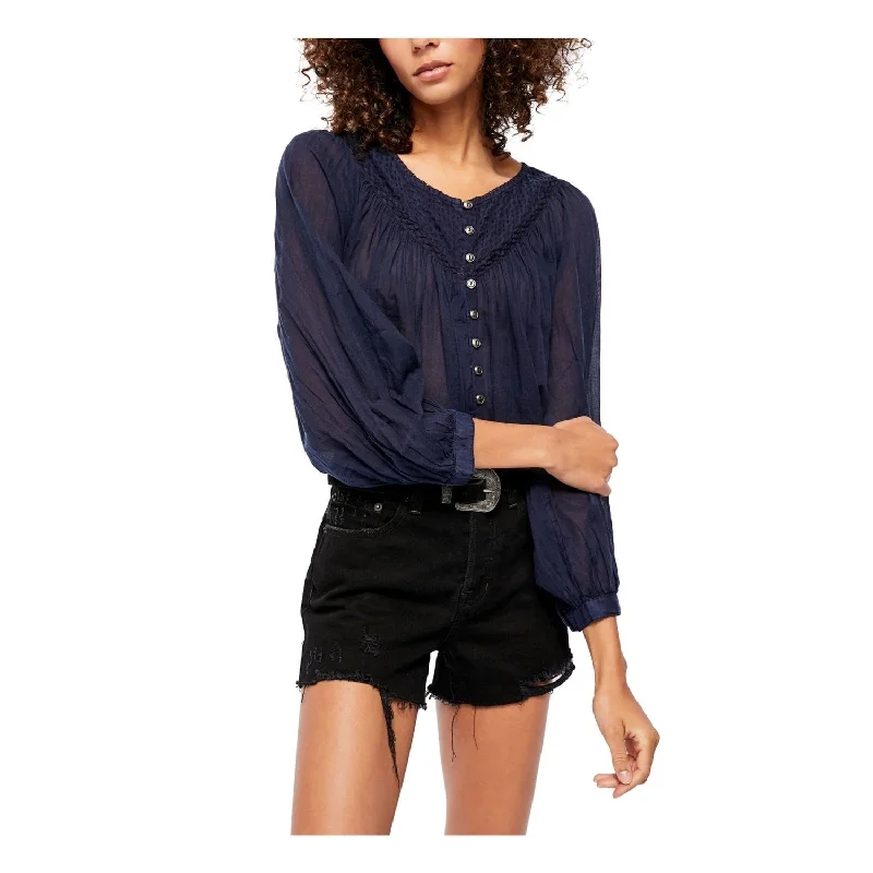 Free People Women's Navy Raglan With Buttons Blouse Top Navy Size X-Small