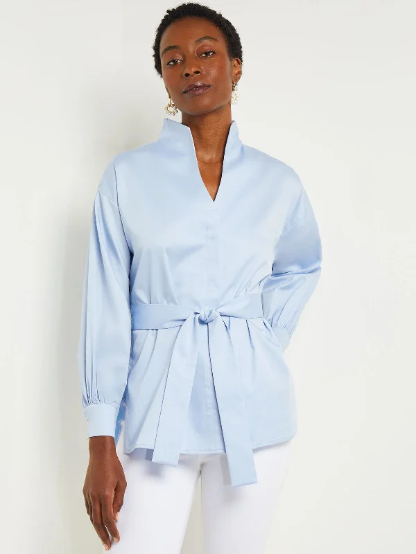 Funnel Neck Belted Cotton Blouse