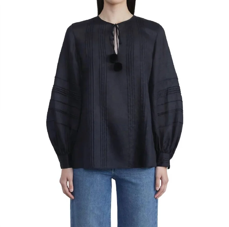 Gemma Cloth Pom-Tie Pintuck Blouse In Navy