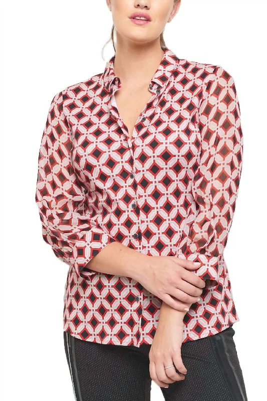 Geometric Pia 3/4 Blouse In Red/black