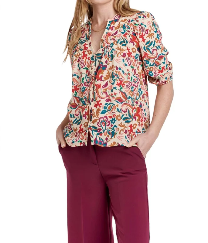 Irina 3/4 Sleeve Button Down Blouse In Raspberry Bloom