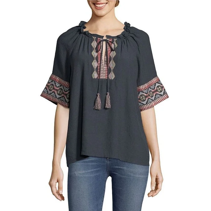 John Paul Richard Women's Embroidered Peasant Blouse Black Size Medium