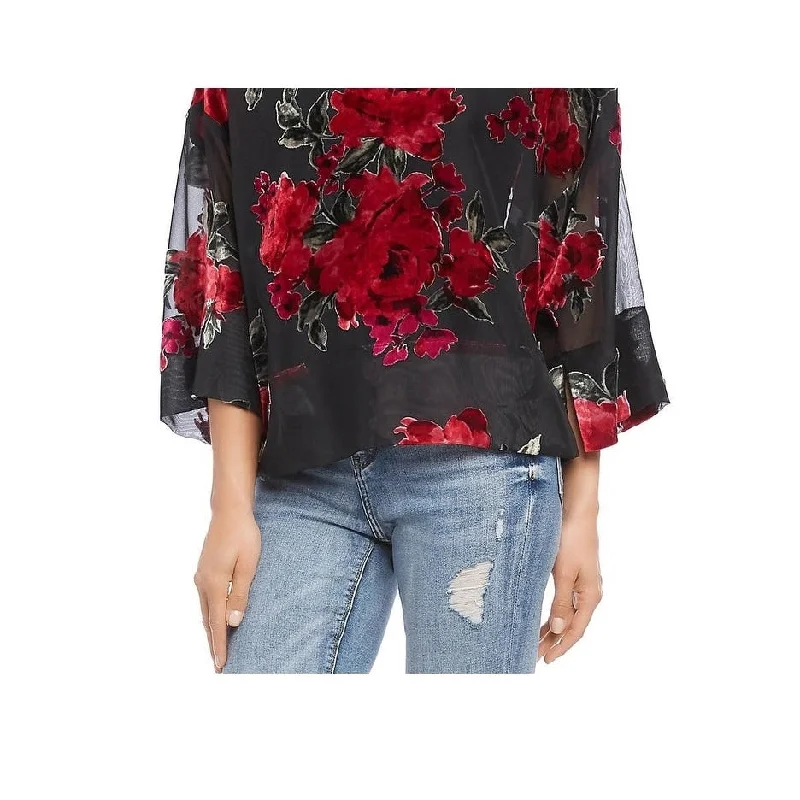 Karen Kane Women's Burnout Velvet Floral Blouse Red Size Medium