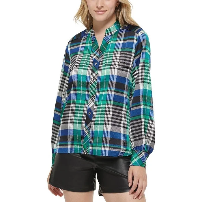 Karl Lagerfeld Paris Women's Plaid Button Down Utility Blouse Blue