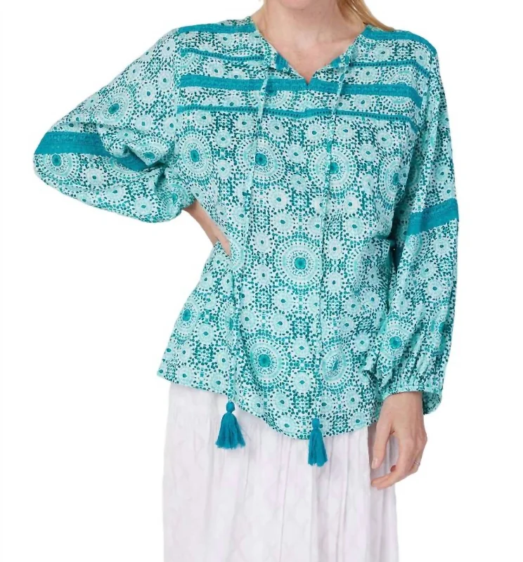 Leola Puff Sleeve Tassel Blouse In Greem