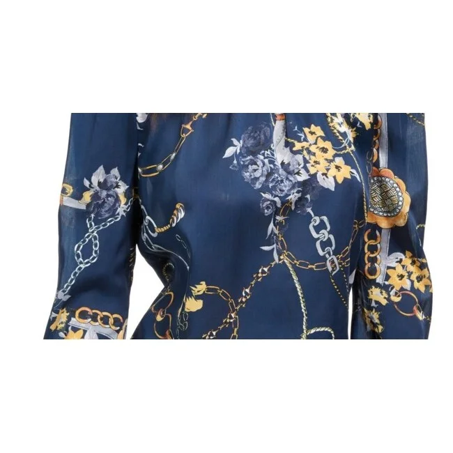 Leyden Women's Gathered Chain Floral Print Satin Blouse Navy Size Xs