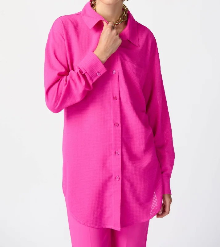 Long Textured Woven High-Low Blouse In Ultra Pink