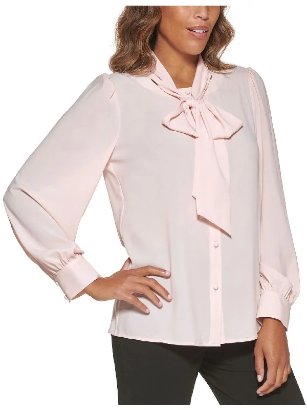 Petites Womens Chiffon Tie Neck Blouse