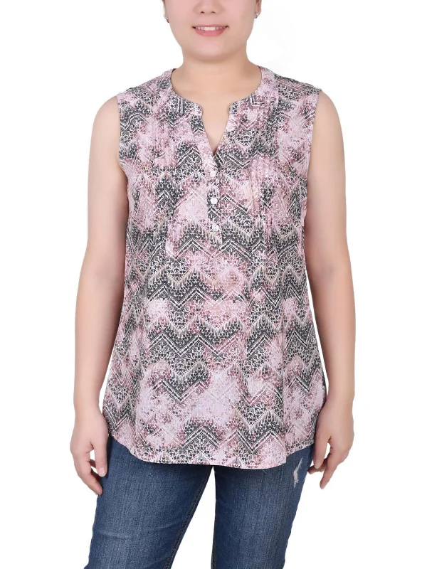 Petites Womens Printed Pintucked Blouse