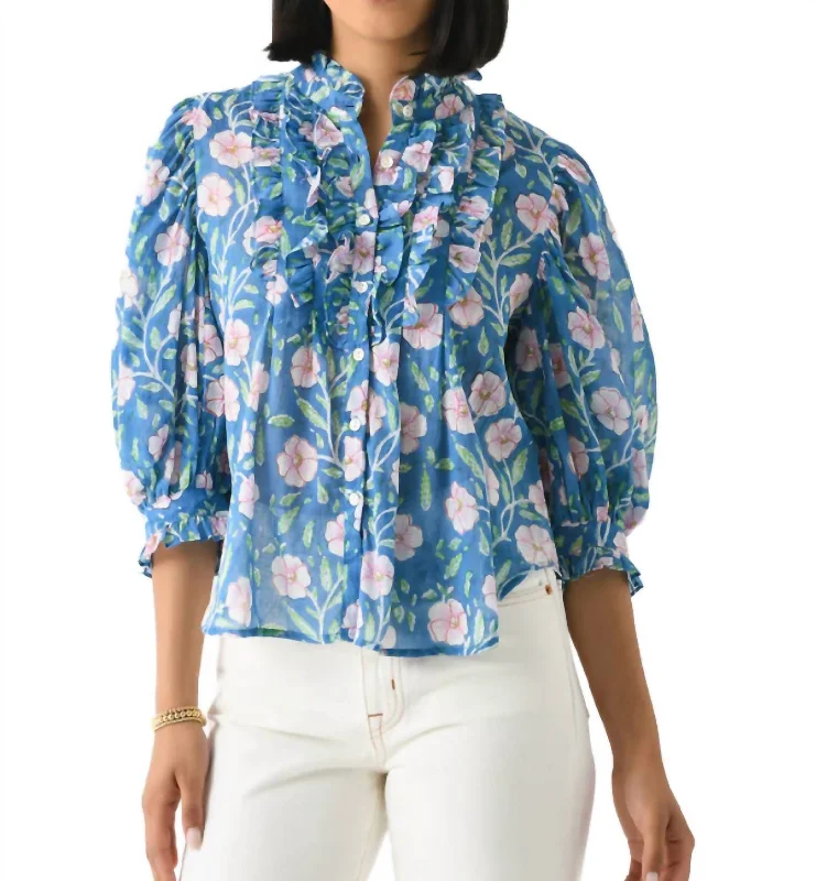 Ruffle Frontbutton Blouse In Amalfi Blue