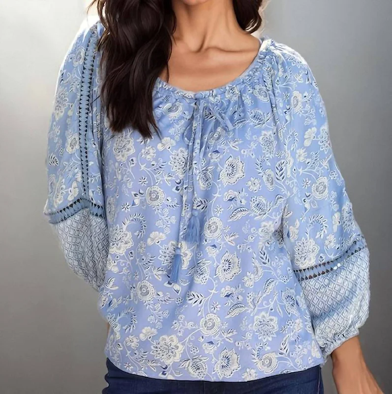 Santorini Floral Blouse In Blue Multi