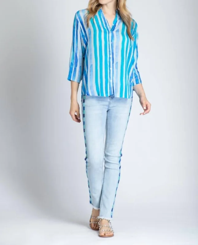 Sleeve Mandarin Collar Button-Up Blouse In Multi/blues