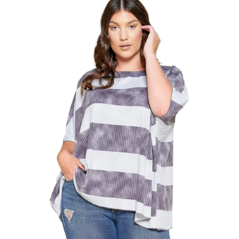 Stripe Printed Pleated Blouse Featuring A Boat Neckline And 1/2 Sleeves