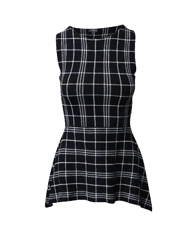 Theory Kalora Lustrate Plaid Peplum Blouse in Navy Blue Rayon