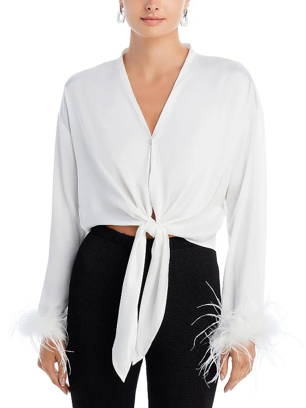 Trisha Womens Faux Feathers Satin Blouse