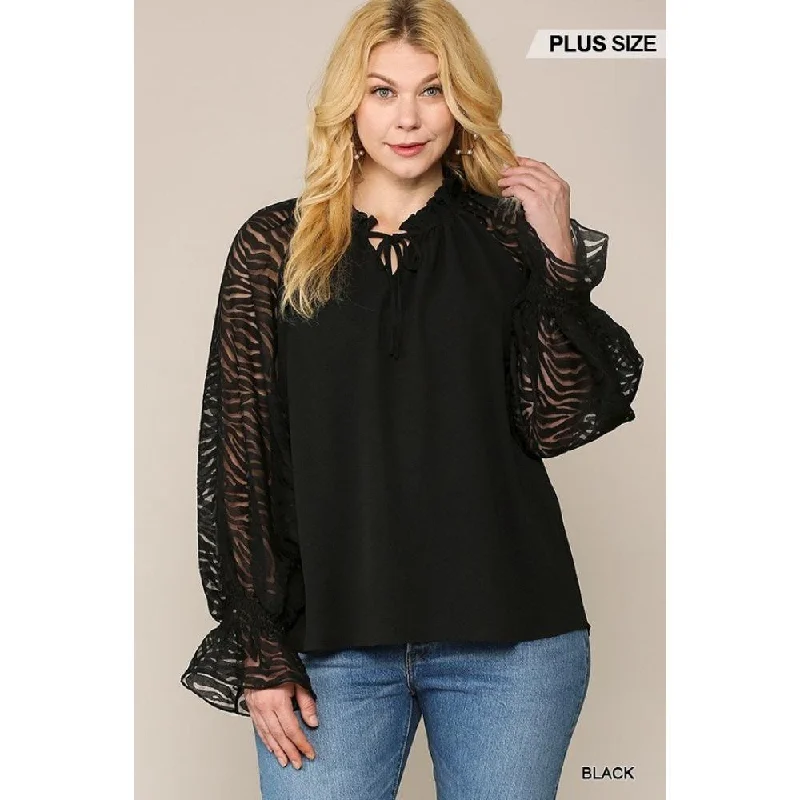 Zebra Burnout Sleeve Ruffled Neck Bubble Crepe Blouse