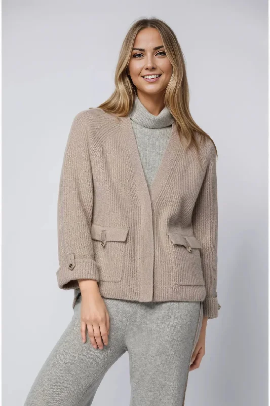 Gisca Long-Sleeve Wool and Cashmere Cardigan in Taupe