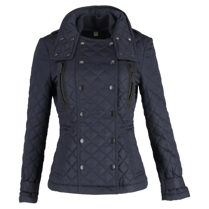 Burberry Quilted with Belt Double-Breasted Jacket in Navy Blue Polyester