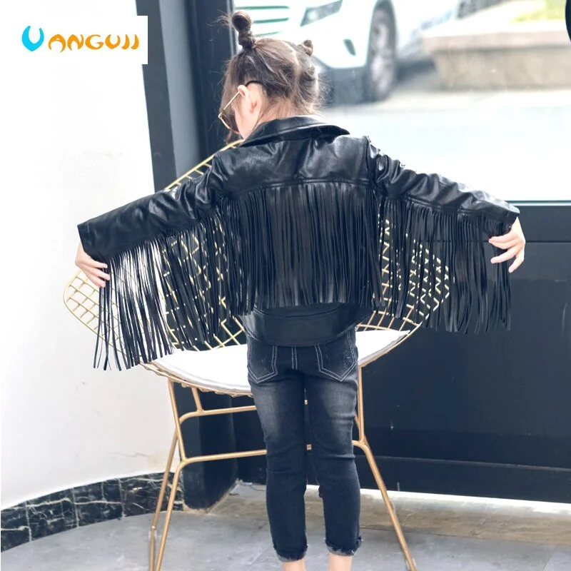 children PU jacket girl fashion leather 2-7 year old  lapel tassel motorcycle leather jacket spring autumn low price promotion