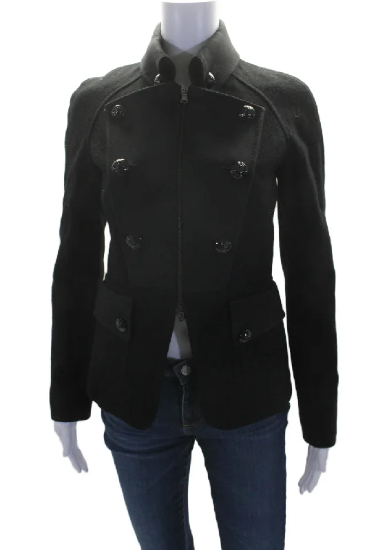 Derek Lam Womens Wool Embossed Buttoned  Collared Zipped Jacket Black