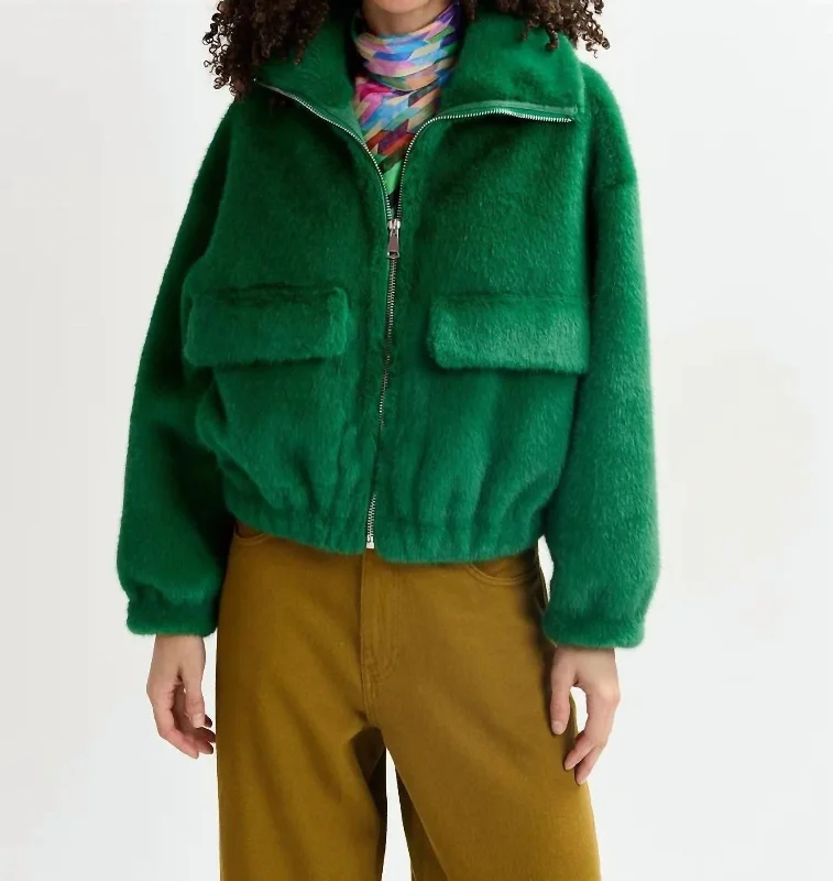 Genz Faux Fur Bomber Jacket In Dark Green