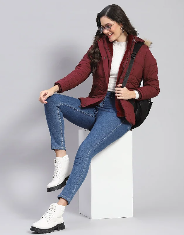 Women Maroon Solid Stand Collar Full Sleeve Jacket