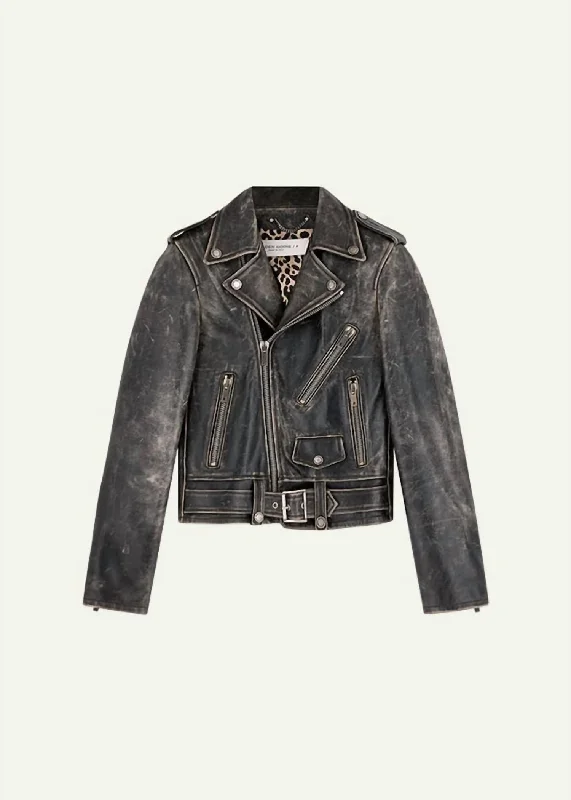 Women's Chiodo Jacket Distressed Bull Leather In Black