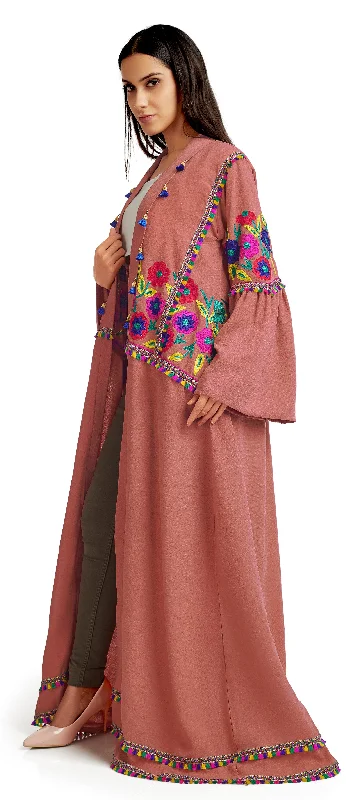 Multipurpose Long Cardigan in Rusty Pink with Colorful embroidery